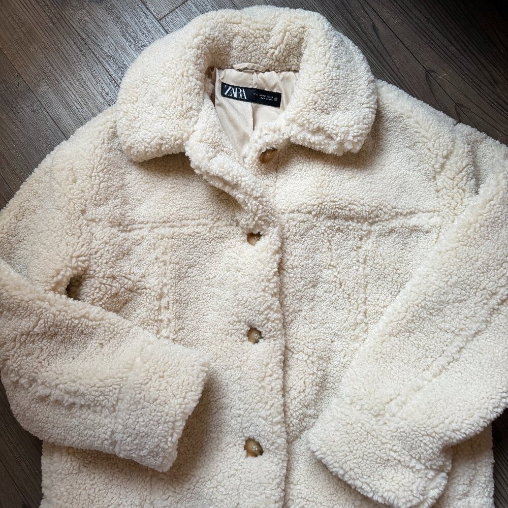 ZARA Sherling Fur Cream Nude Collar Teddy Fleece Bomber Jacket Coat, Extra Small